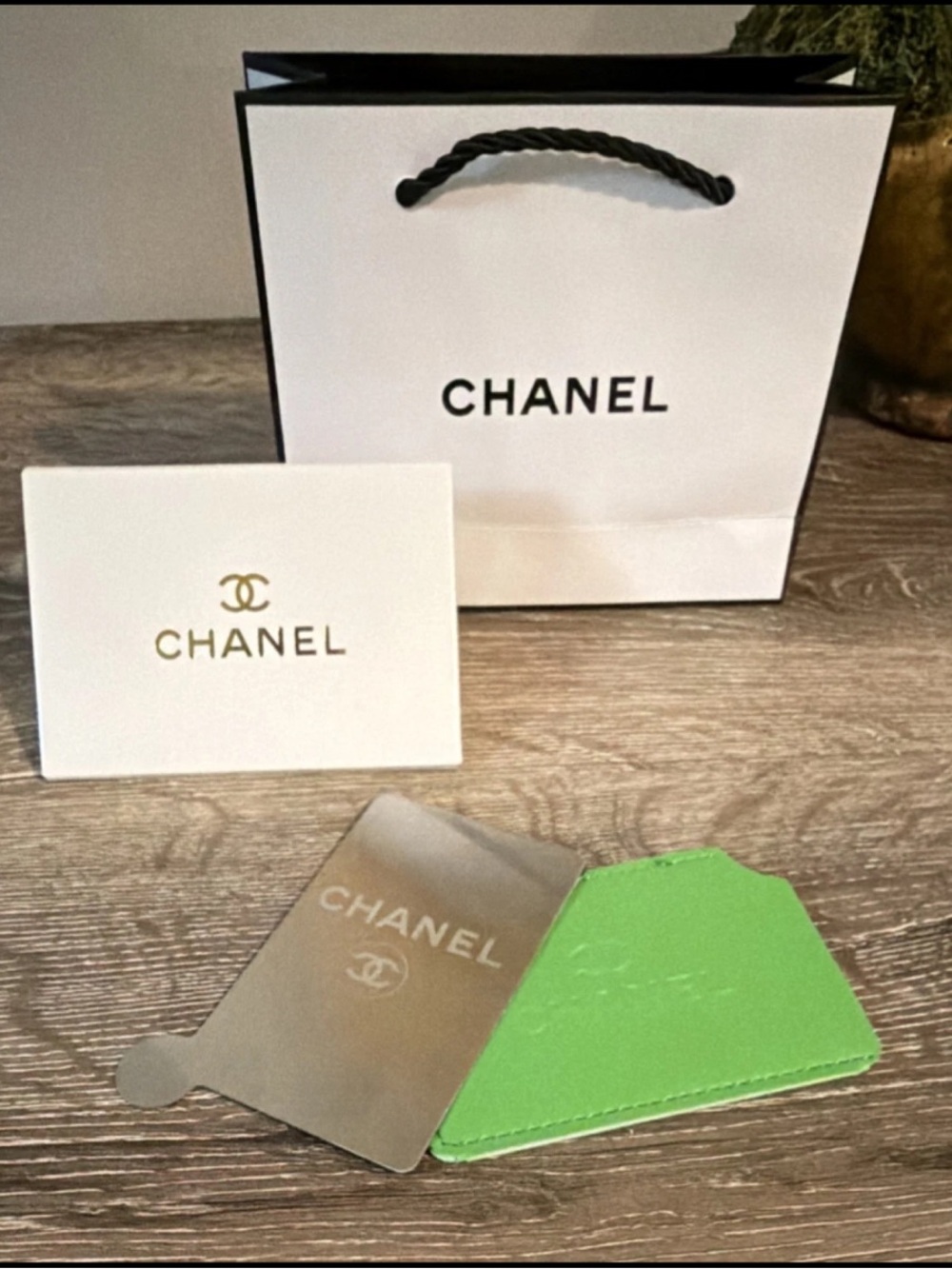 CHANEL NEW GWP Green Leather Card Sleeve with Silver Mirror PLUS Box and Bag